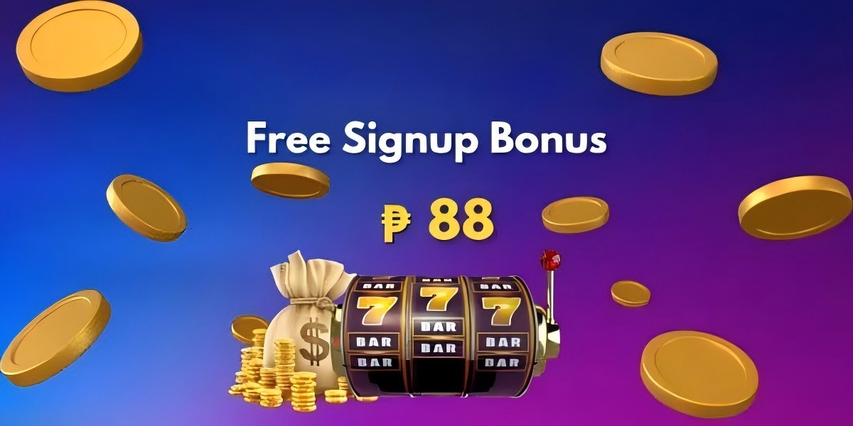 Promotional banner: slot machine showing triple 777 beside a money bag and floating gold coins, with a free signup bonus headline on a blue-purple gradient.