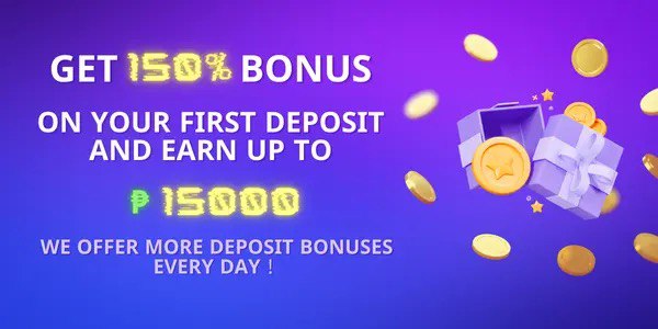 Promotional banner: 150 percent first deposit bonus text with a gift box and gold coins on a purple gradient background.