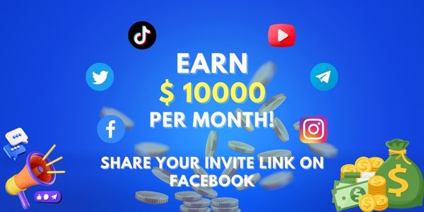 Promotional banner: referral program text about sharing an invite link on social platforms, with social media icons, a megaphone and coins on a blue background.